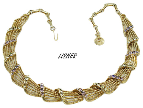 Lisner Necklace Gold Tone 7 Rope Twist Open Links Light Amethyst Jonquil 17" x 3/4"