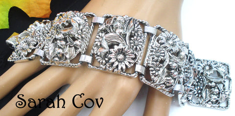 SARAH COV-Chunky Bracelet Silver Tone Ornate Floral Links 7" x 1 3/8"