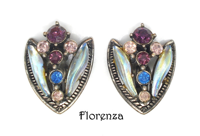 FLORENZA~Signed Earrings Amethyst Sapphire AB 1 1/4"