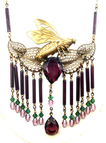 ONE OF A KIND?-Victorian Revival Necklace Amethyst Art Glass Dangle Large Insect