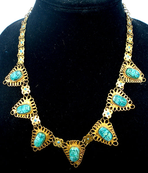 NECKLACE- Egyptian Revival Necklace Brass Glass Green Turquoise Scarabs 18"