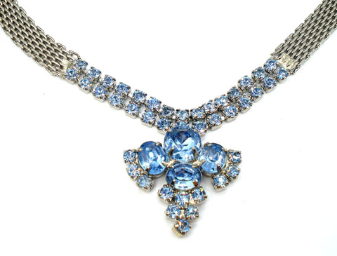 NECKLACE-Flat Mesh Chain Light Sapphire Prong Set Rhinestones