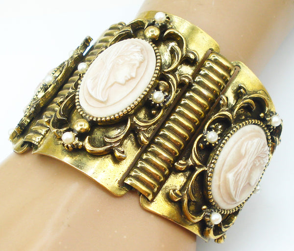 Chunky Victorian Revival Cameo Brass Faux Pearl Bracelet 7" x 2"