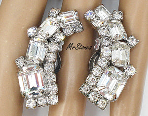 Weiss Signed Climber Earrings Crystal Cushion Octagon Round Rhinestones 1 3/8"