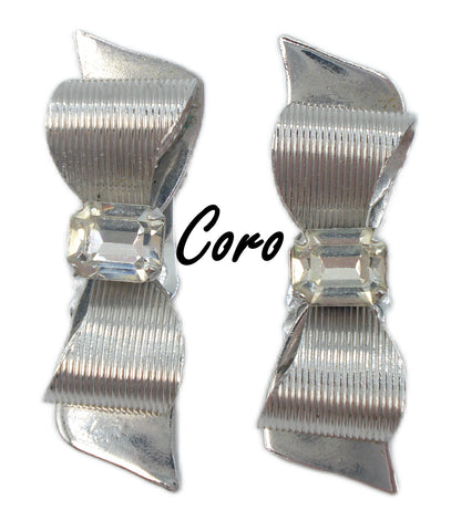 CORO-Earrings Silver Tone Bow Crystal Cushion Octagon Center 1.5"