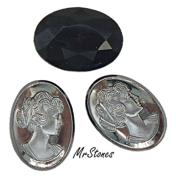 18x13mm Glass Hematite Intaglio Cameo Oval Shallow Faceted Back