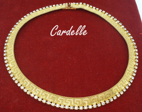 CARDELLE~Necklace Choker Gold Tone Patterned Crystal Rhinestones 15.5" x 1/2"