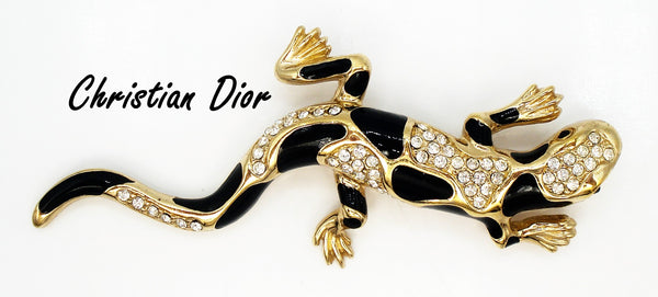 CHRISTIAN DIOR~Lizard Brooch 3" Black Enamel Crystal Rhinestones