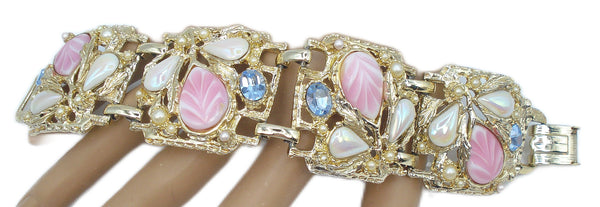 Bracelet-Weighty Chunky Chalk White AB Pink Leaves Light Sapphire Faux Pearls