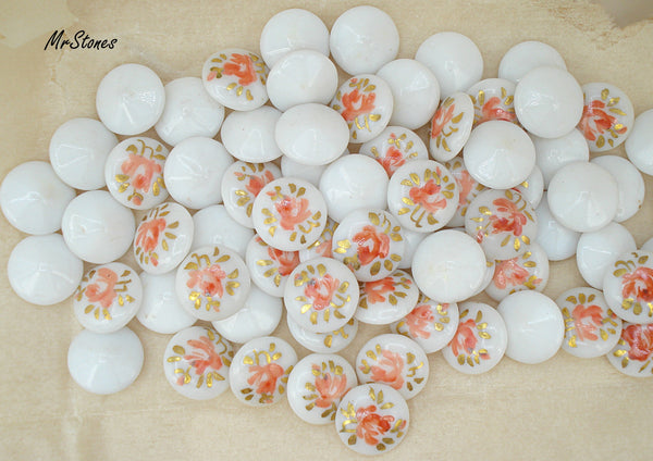 14mm (3189) (60ss) Chalk White Hand Painted Flower Round Buff Top Doublet 4pcs/$1.00