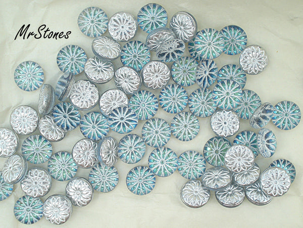 11mm (91635) BluWht Volcano Flower Design Round Cabochon West Germany
