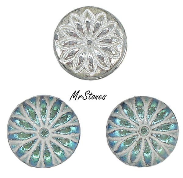 11mm (91635) BluWht Volcano Flower Design Round Cabochon West Germany