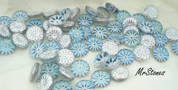 11mm (91635) BluWht Volcano Flower Design Round Cabochon West Germany