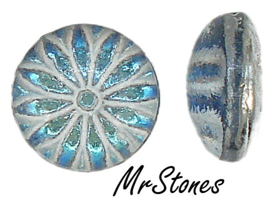 11mm (91635) BluWht Volcano Flower Design Round Cabochon West Germany