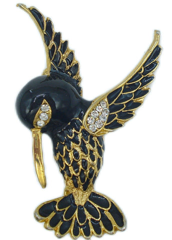 BSK? Hummingbird 2 1/4" Brooch Black Enamel Crystal Rhinestones