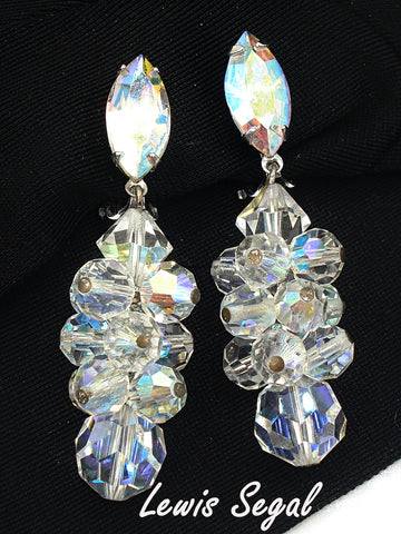 Lewis Segal Earrings Crystal AB Marquise Rhinestones Glass AB Dangle Bead Cluster 2"