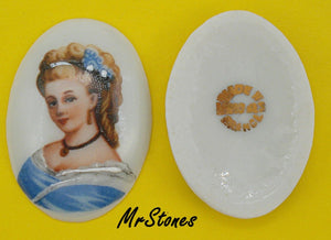 32x22mm Oval Porcelain French Lady in Blue Cabochon Made in France Limoges