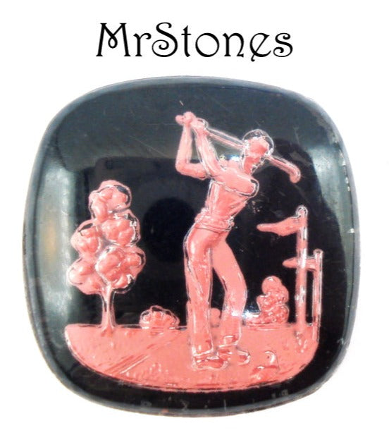 20mm (INT) Antique Square Black Pink Golf Theme Reverse Intaglio Cabochon