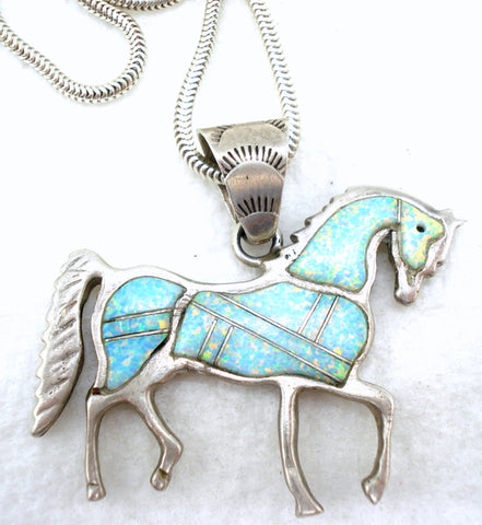 Vintage Calvin Peterson Horse 925 Opal Pendant Necklace