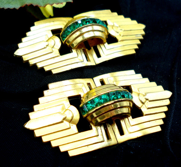 2 (Set) Coro Art Deco Brooches Emerald Rhinestones 2.5"