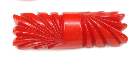 Rich Red Bakelite Carved Bar Brooch 2.5"