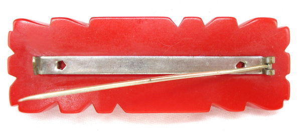 Rich Red Bakelite Carved Bar Brooch 2.5"