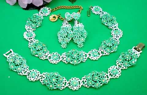 Pretty Summer Set Green White Enamel Peridot Rhinestones Vintage