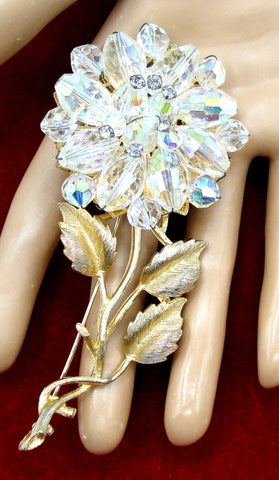 4" Glass Bead Crystal AB Flower Brooch