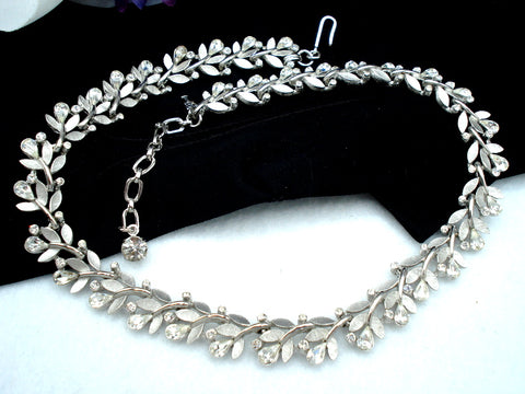 Trifari Necklace Silver Tone Leaves Rhinestones