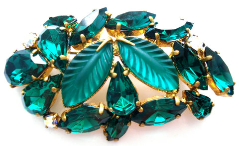 2.5" Brooch Emerald Leaves Assorted Rhinestones West Germany