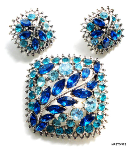 Set Brooch Earrings Variety Blue Rhinestones