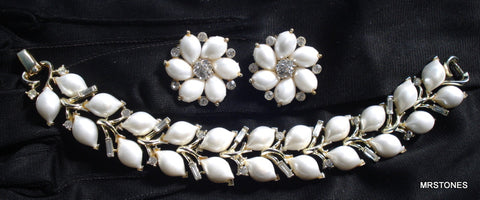 Lisner Set Bracelet Earrings White Faux Pearls Crystal Rhinestones