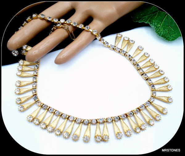 Collar Necklace Brushed Gold Tone Crystal Rhinestones