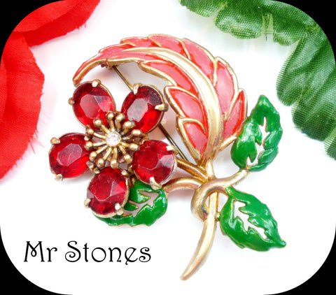 FLOWER Brooch Red Green Enamels Siam Rhinestones