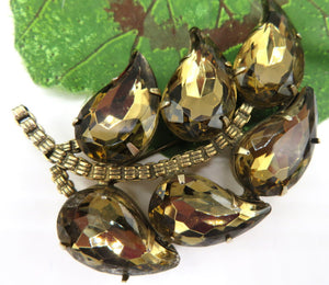 2 3/4" Leaf Brooch Large Smoked Topaz Comma Rhinestones