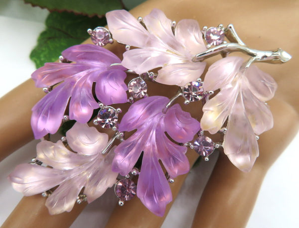 Lisner Brooch Frosted Matte Purple Molded Leaves Rhinestones 3"