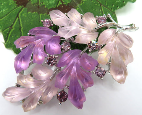 Lisner Brooch Frosted Matte Purple Molded Leaves Rhinestones 3"