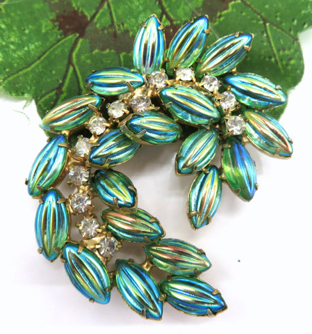 Paisley Leaf Brooch Peridot AB Ribbed Marquises Crystal Rhinestones 2.5"