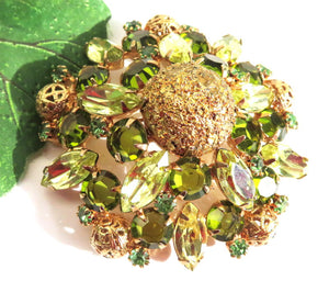 Vintage 2.5" Brooch Gold Tone Shades of Greens